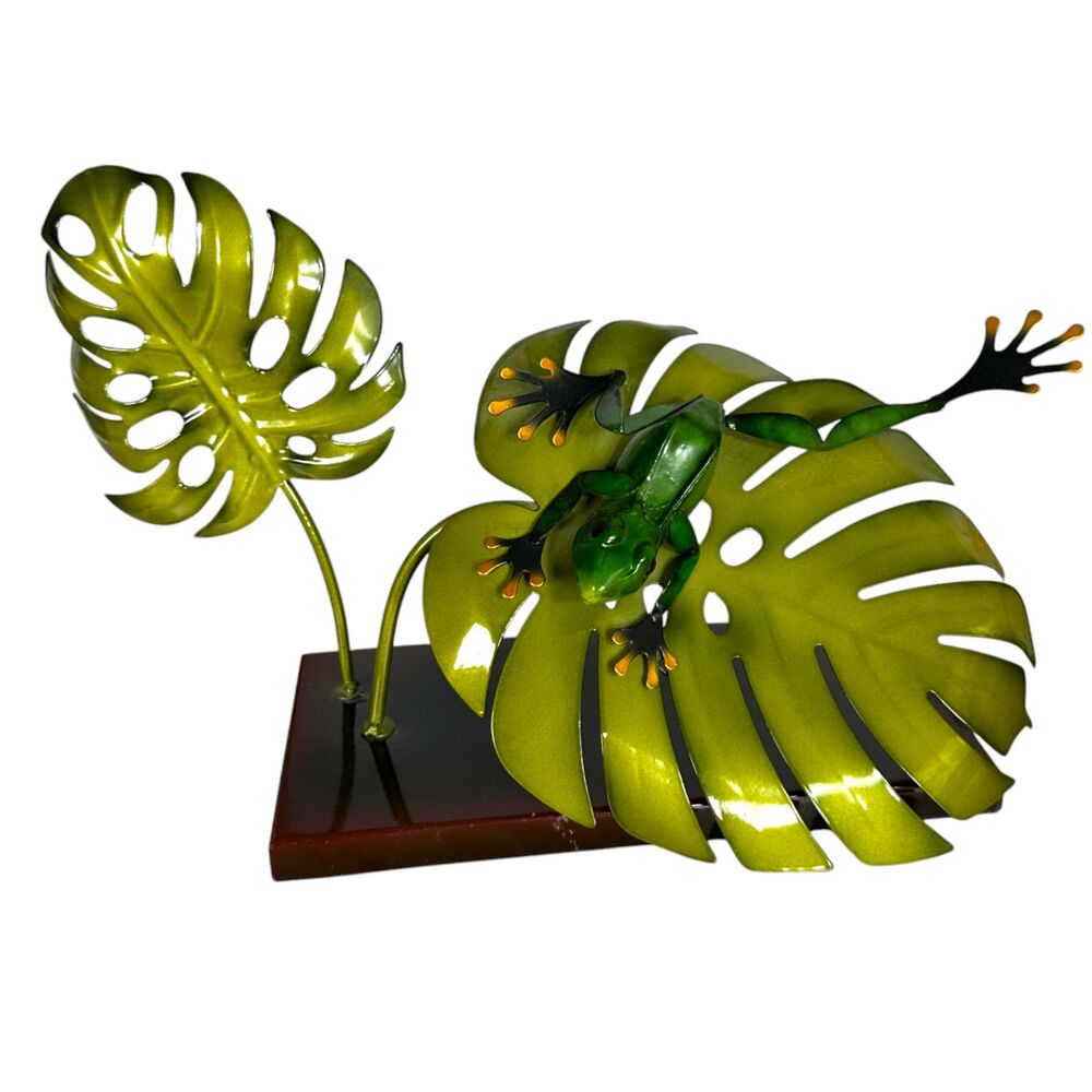 Metal 3D Monstera Frog Leaping Hawaiian Tropical Art Sculpture Figurine